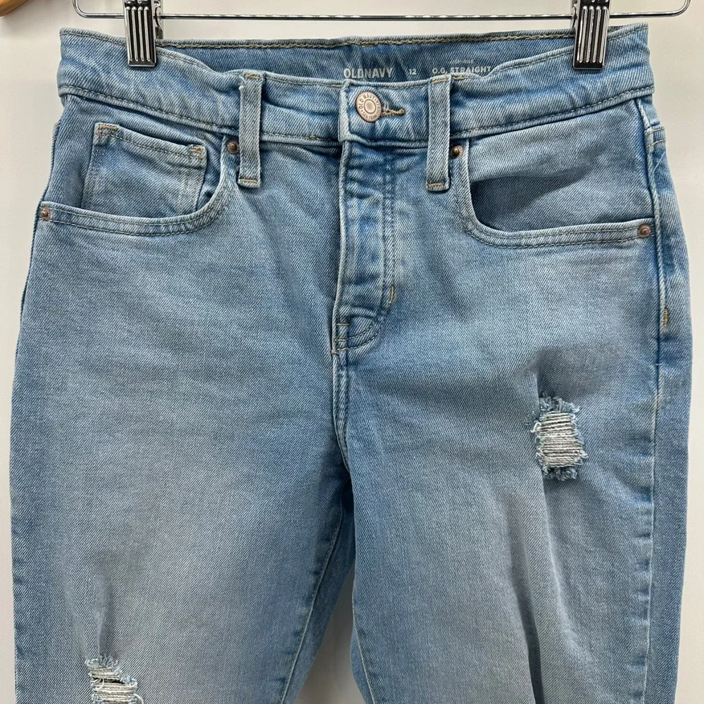 Old Navy O.G. Straight Jeans Girls 12 Blue Denim High-Rise Button Fly Distressed